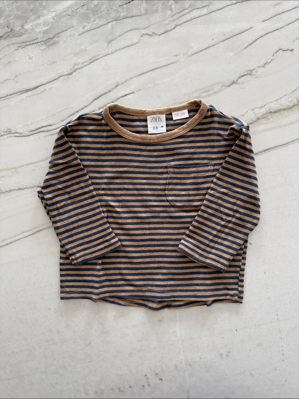 Zara Baby Camel & Navy Striped Long-Sleeve Tee